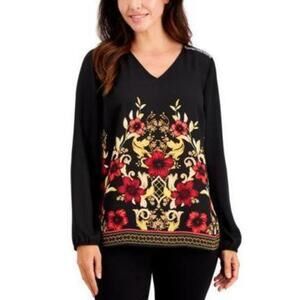 JM Collection Petite Delilah Embellished-Shoulder Top Deep Black Combo PP
